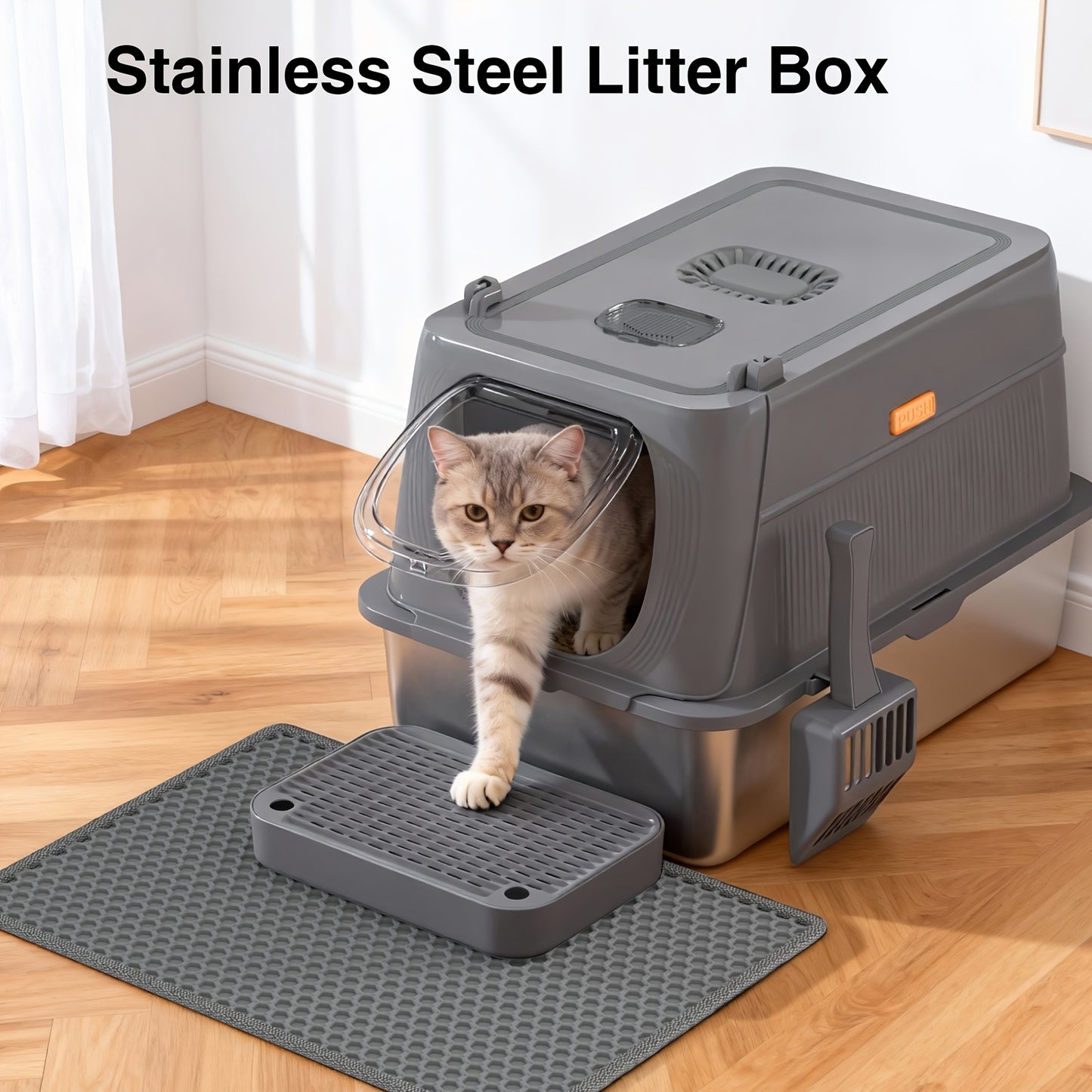 Stainless Steel Oversized Cat Litter Box, Fully Covered Foldable Cat Toilet, Anti-Splash Odor Control with Front Door