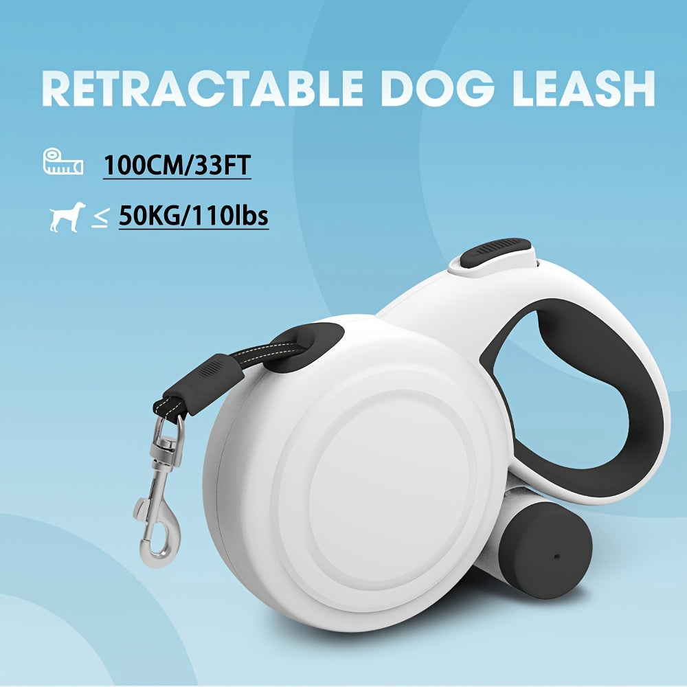 33ft Reflective Retractable Dog Leash, 360° Tangle-Free One Button Control Nylon Leash with Poop Bag Holder for Medium Large Dogs