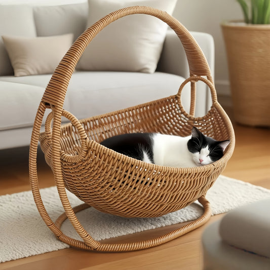 Handwoven Cat Hammock with Stand, Large Knitted Comfortable Pet Bed, Easy Assemble Indoor Swing Basket for Small Dogs Cats