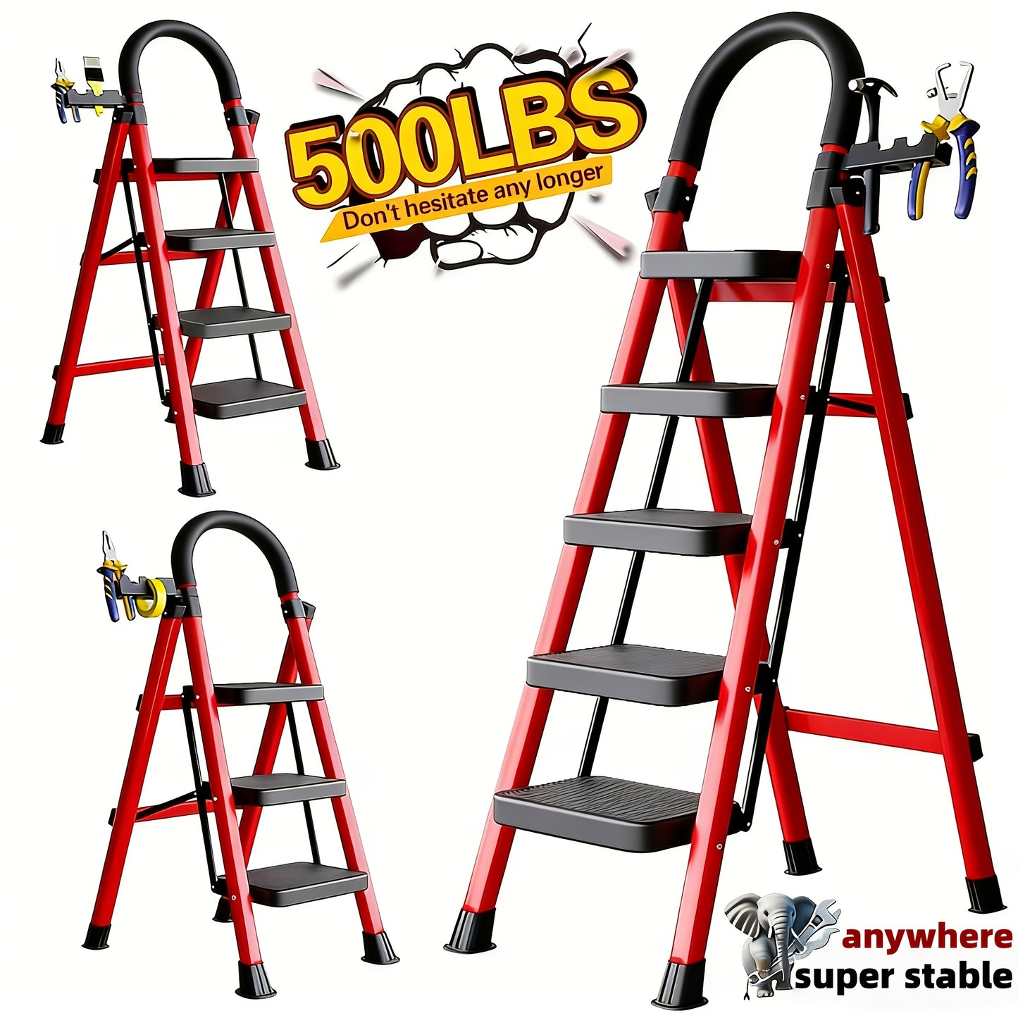 500LBS Load Foldable Steel Ladder Non-Slip Household Step Stool