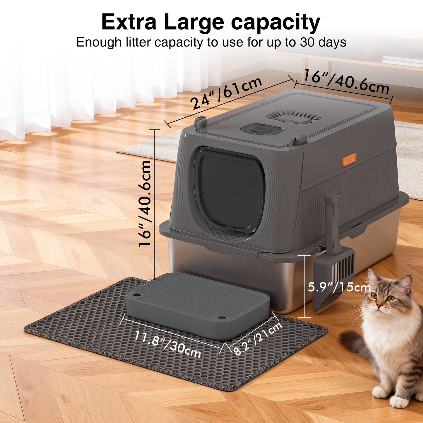 Stainless Steel Oversized Cat Litter Box, Fully Covered Foldable Cat Toilet, Anti-Splash Odor Control with Front Door