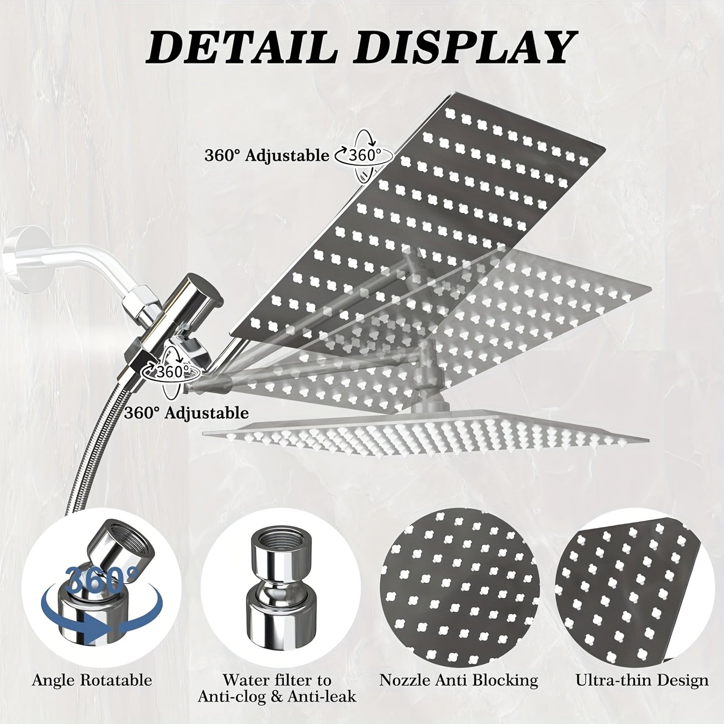 9 Settings Rainfall Handheld Shower Head Adjustable Angle