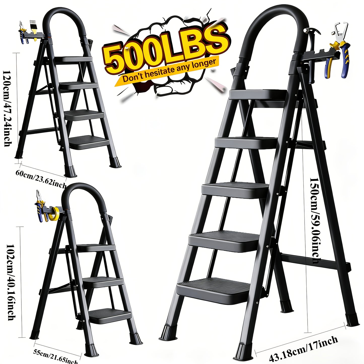 500LBS Load Foldable Steel Ladder Non-Slip Household Step Stool