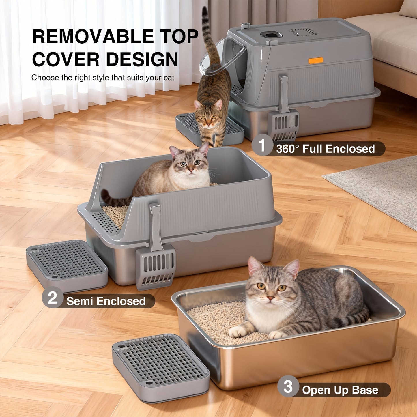 Stainless Steel Oversized Cat Litter Box, Fully Covered Foldable Cat Toilet, Anti-Splash Odor Control with Front Door