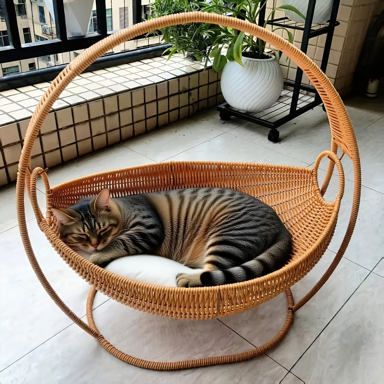 Handwoven Cat Hammock with Stand, Large Knitted Comfortable Pet Bed, Easy Assemble Indoor Swing Basket for Small Dogs Cats