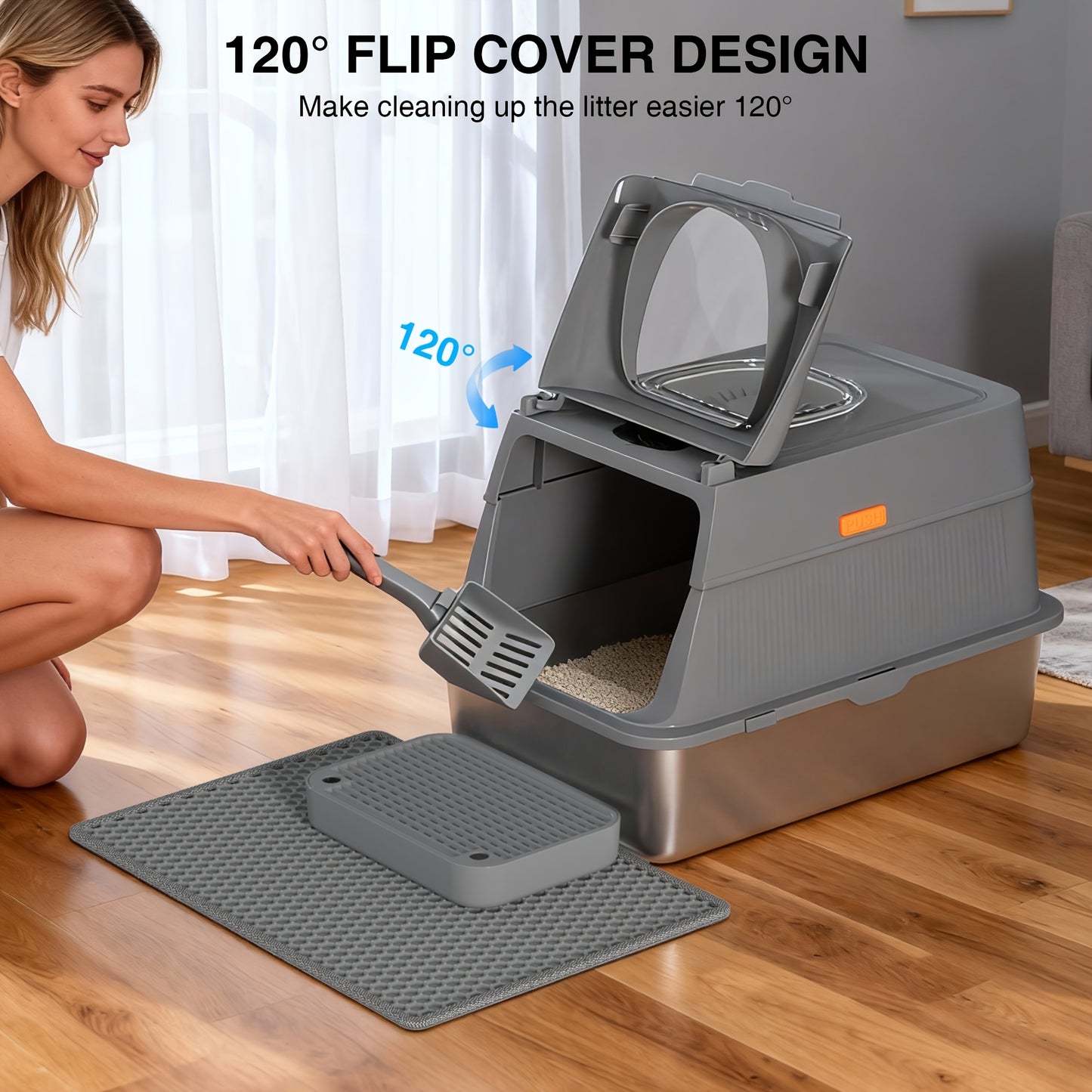 Stainless Steel Oversized Cat Litter Box, Fully Covered Foldable Cat Toilet, Anti-Splash Odor Control with Front Door