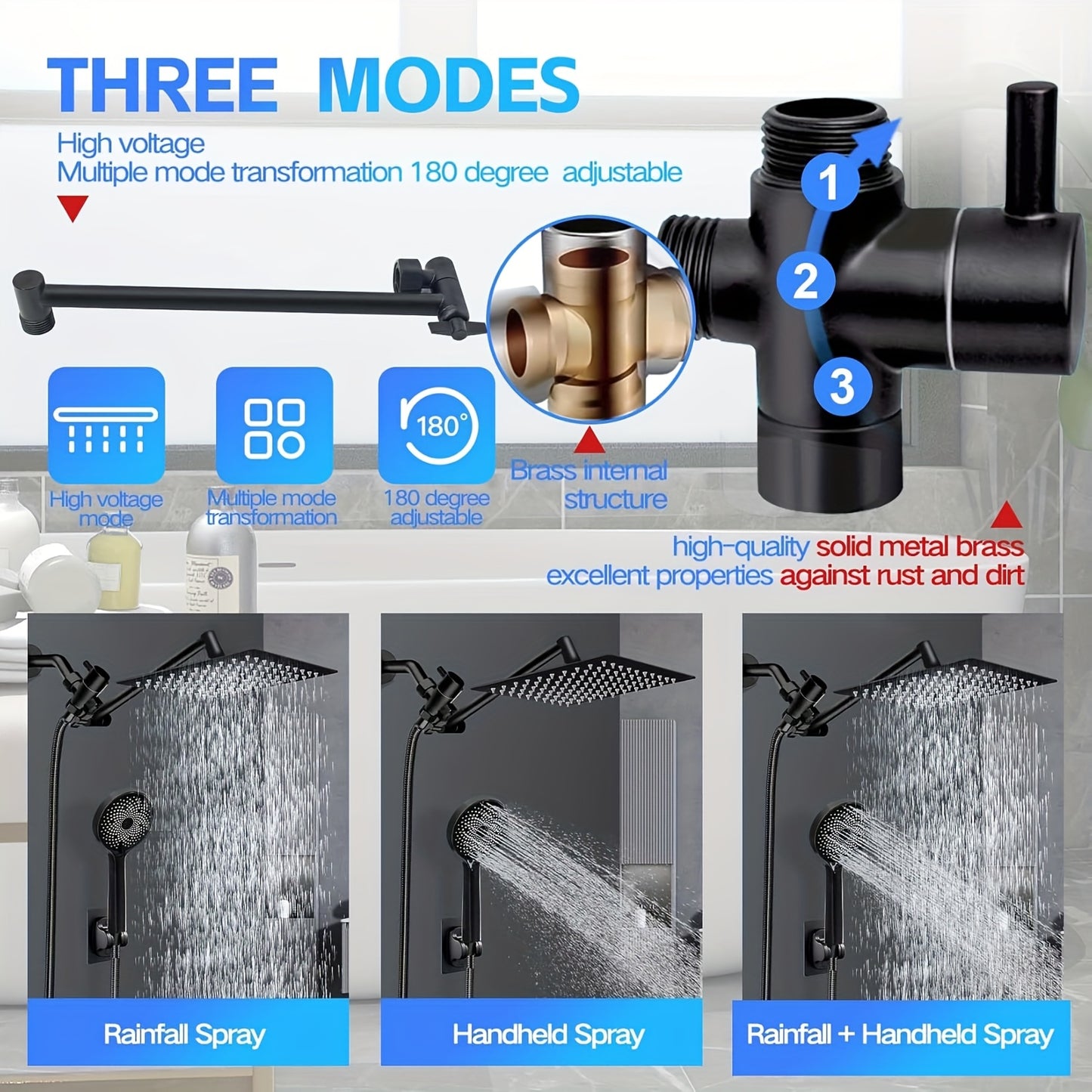 9 Settings Rainfall Handheld Shower Head Adjustable Angle