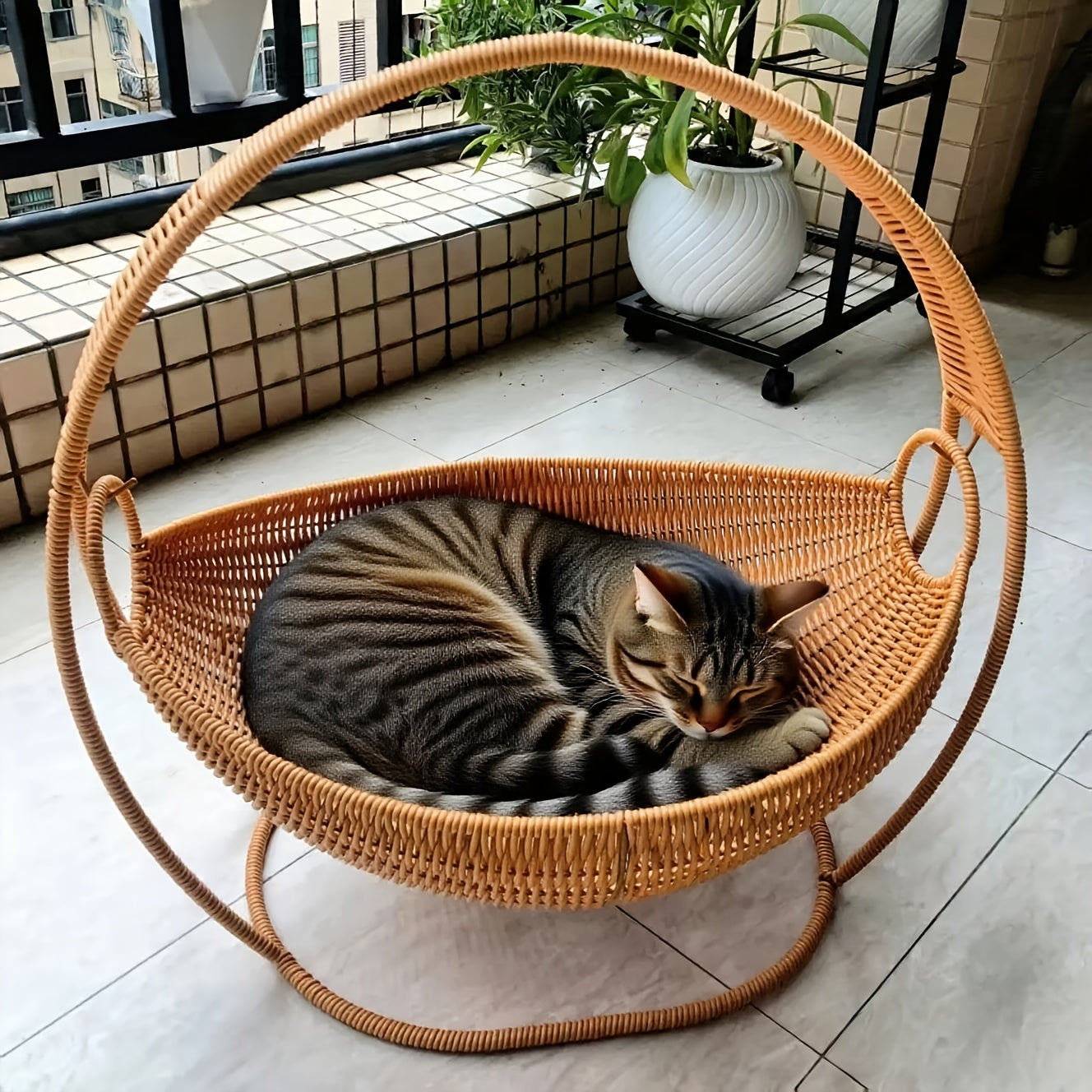 Handwoven Cat Hammock with Stand, Large Knitted Comfortable Pet Bed, Easy Assemble Indoor Swing Basket for Small Dogs Cats