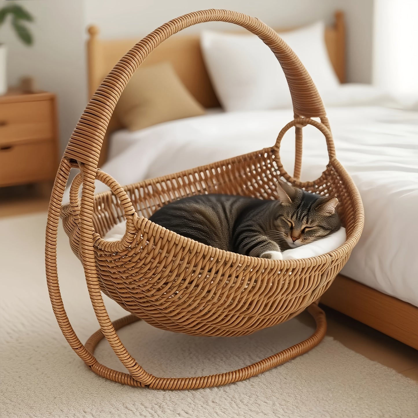 Handwoven Cat Hammock with Stand, Large Knitted Comfortable Pet Bed, Easy Assemble Indoor Swing Basket for Small Dogs Cats