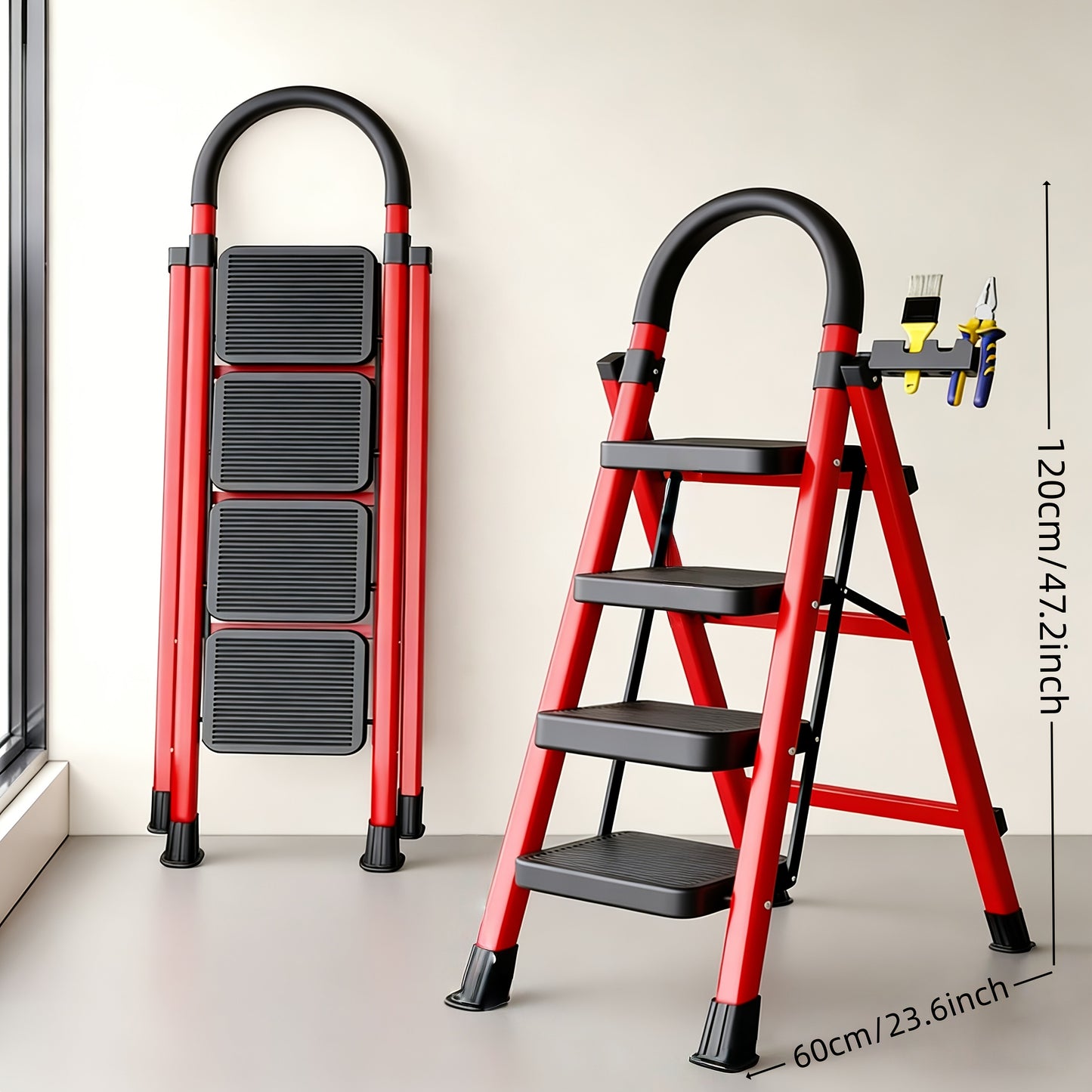 500LBS Load Foldable Steel Ladder Non-Slip Household Step Stool