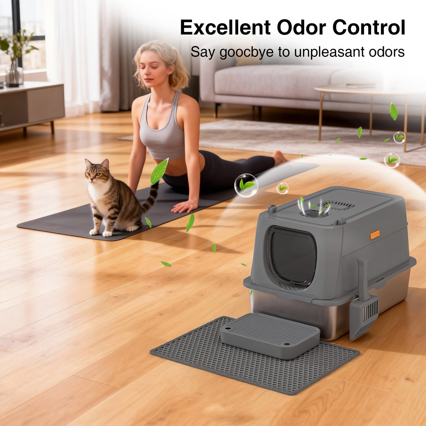 Stainless Steel Oversized Cat Litter Box, Fully Covered Foldable Cat Toilet, Anti-Splash Odor Control with Front Door