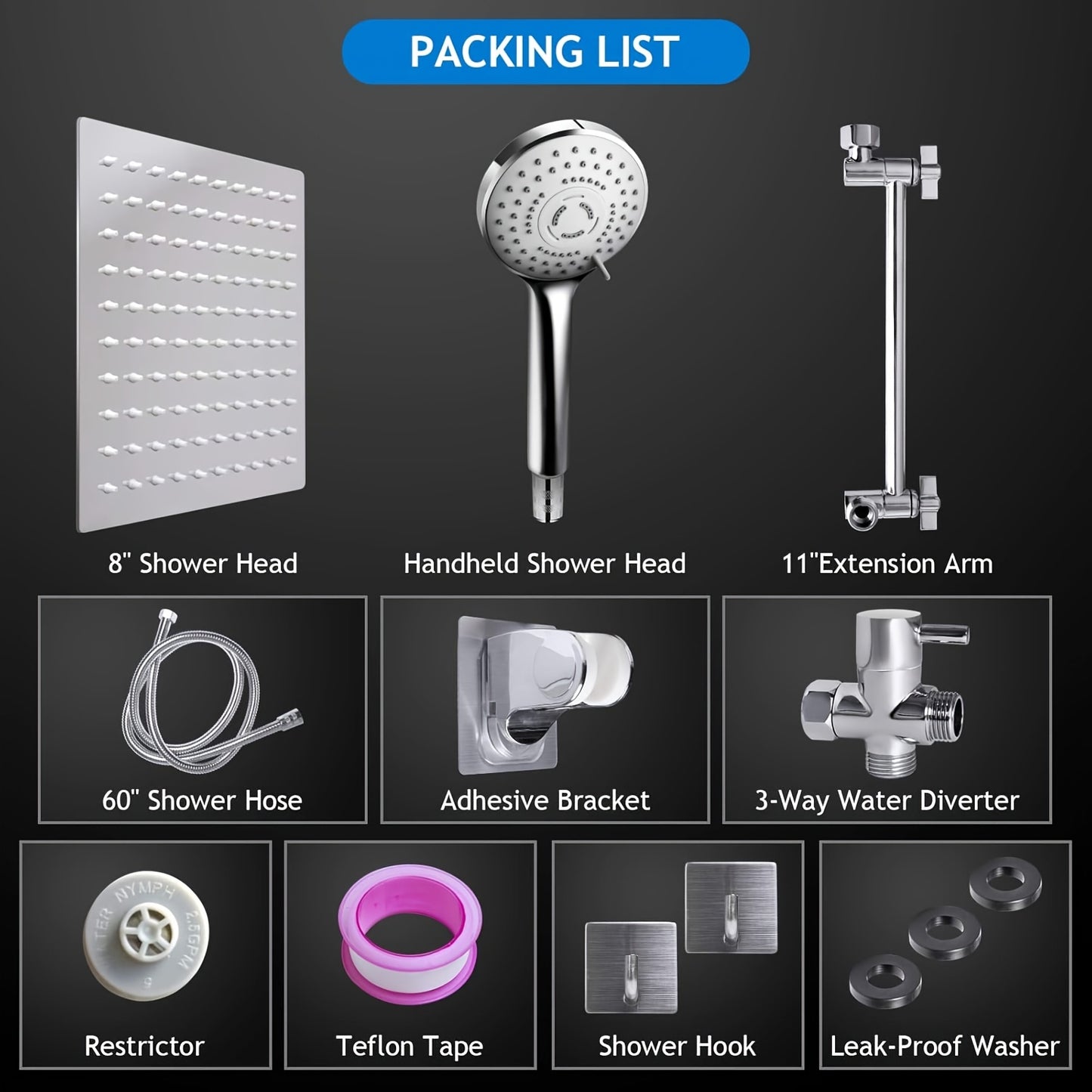 9 Settings Rainfall Handheld Shower Head Adjustable Angle