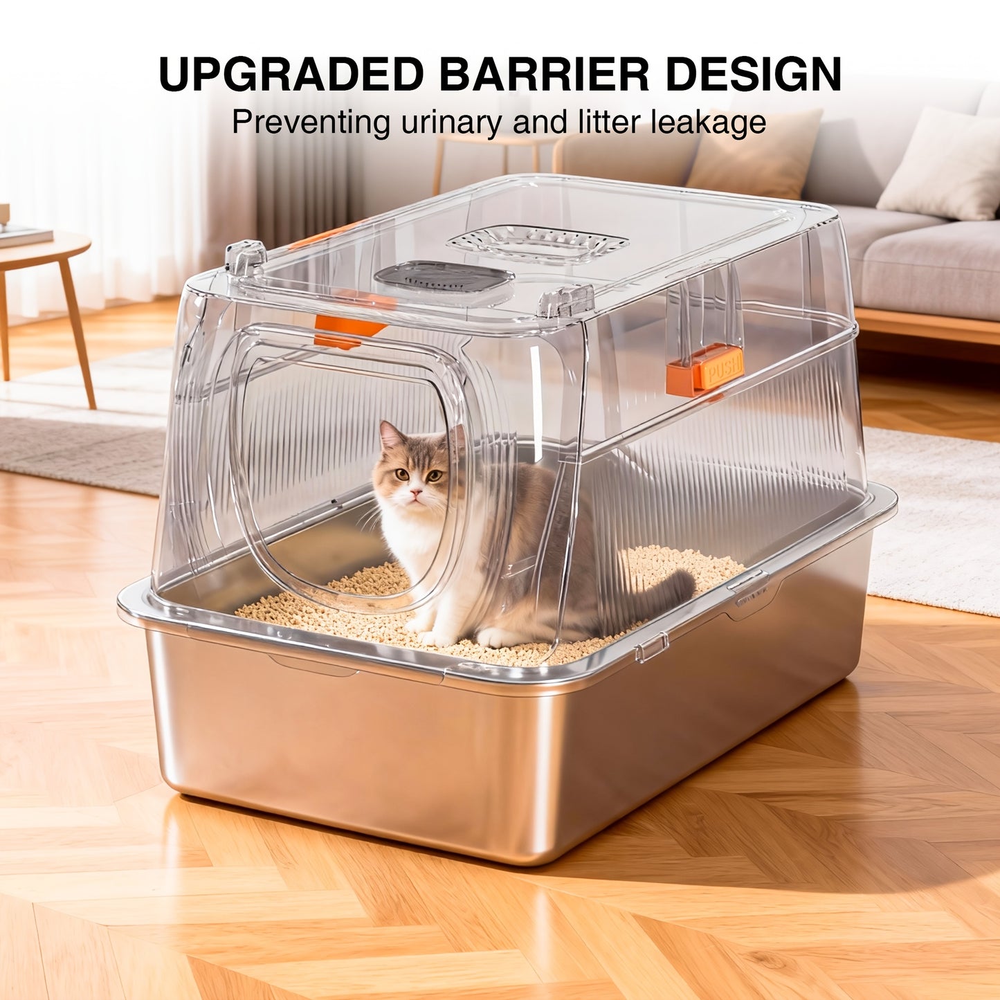 Stainless Steel Oversized Cat Litter Box, Fully Covered Foldable Cat Toilet, Anti-Splash Odor Control with Front Door