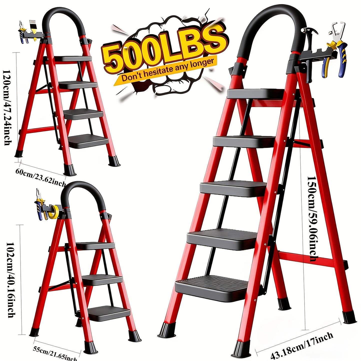 500LBS Load Foldable Steel Ladder Non-Slip Household Step Stool
