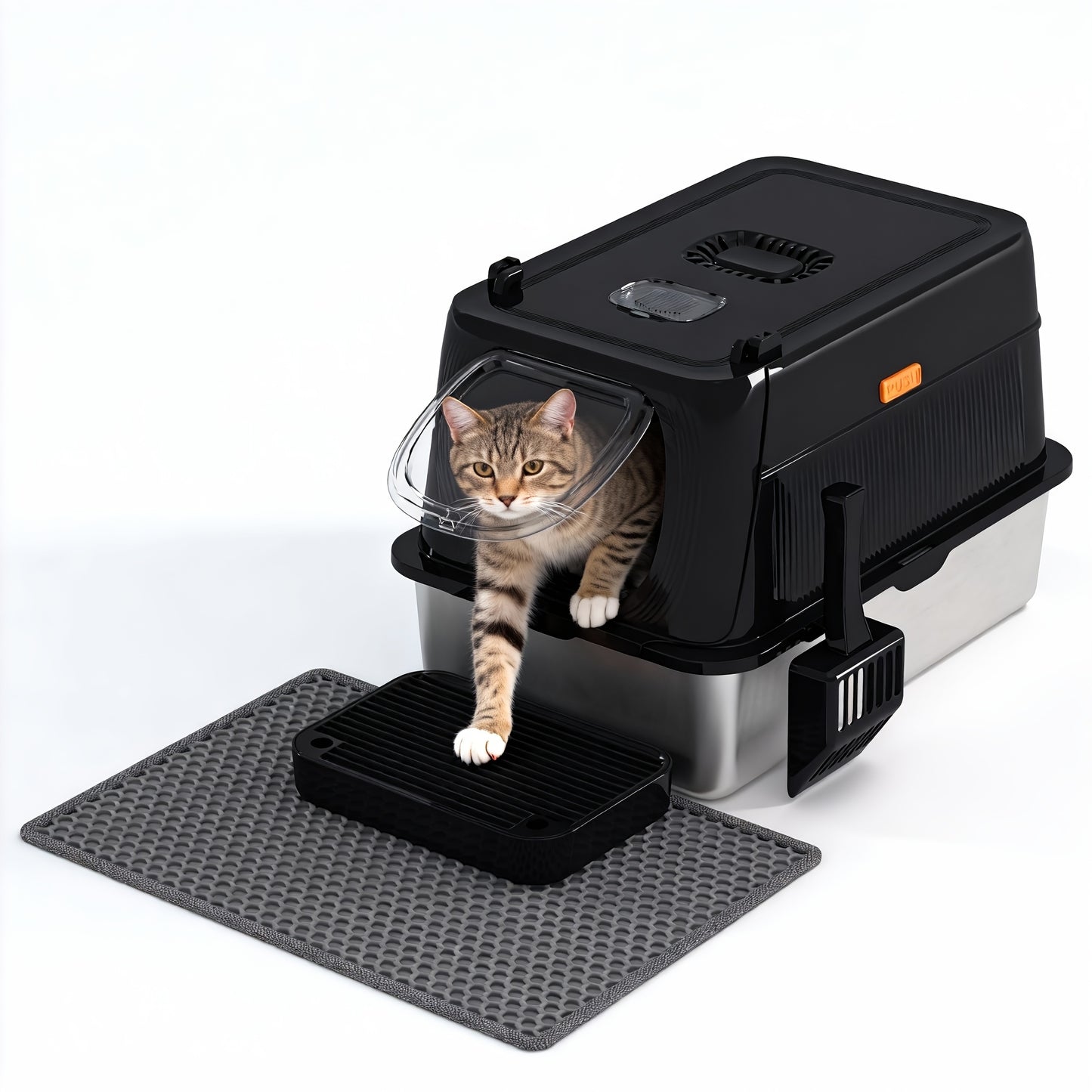 Stainless Steel Oversized Cat Litter Box, Fully Covered Foldable Cat Toilet, Anti-Splash Odor Control with Front Door
