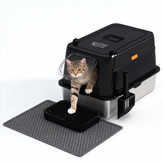 Stainless Steel Oversized Cat Litter Box, Fully Covered Foldable Cat Toilet, Anti-Splash Odor Control with Front Door