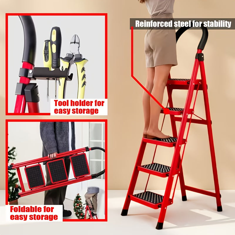 500LBS Load Foldable Steel Ladder Non-Slip Household Step Stool