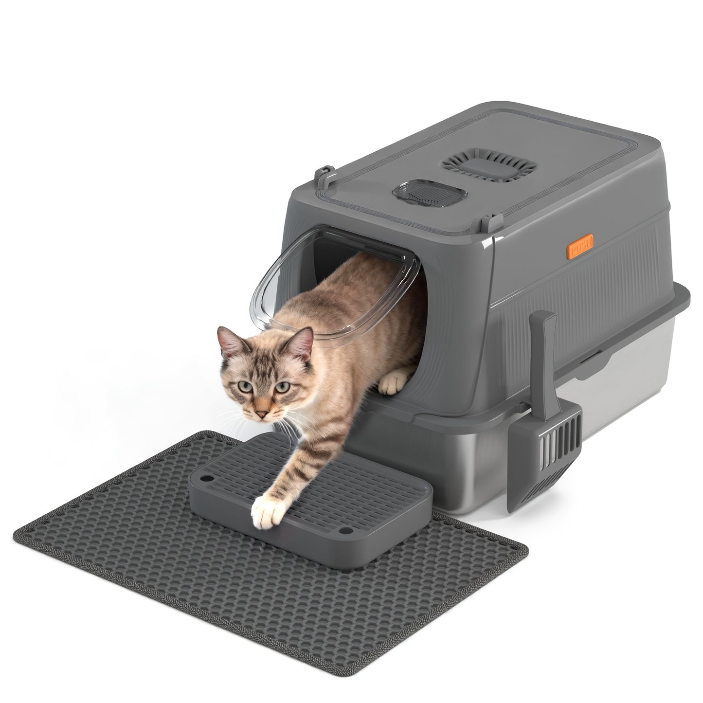 Stainless Steel Oversized Cat Litter Box, Fully Covered Foldable Cat Toilet, Anti-Splash Odor Control with Front Door