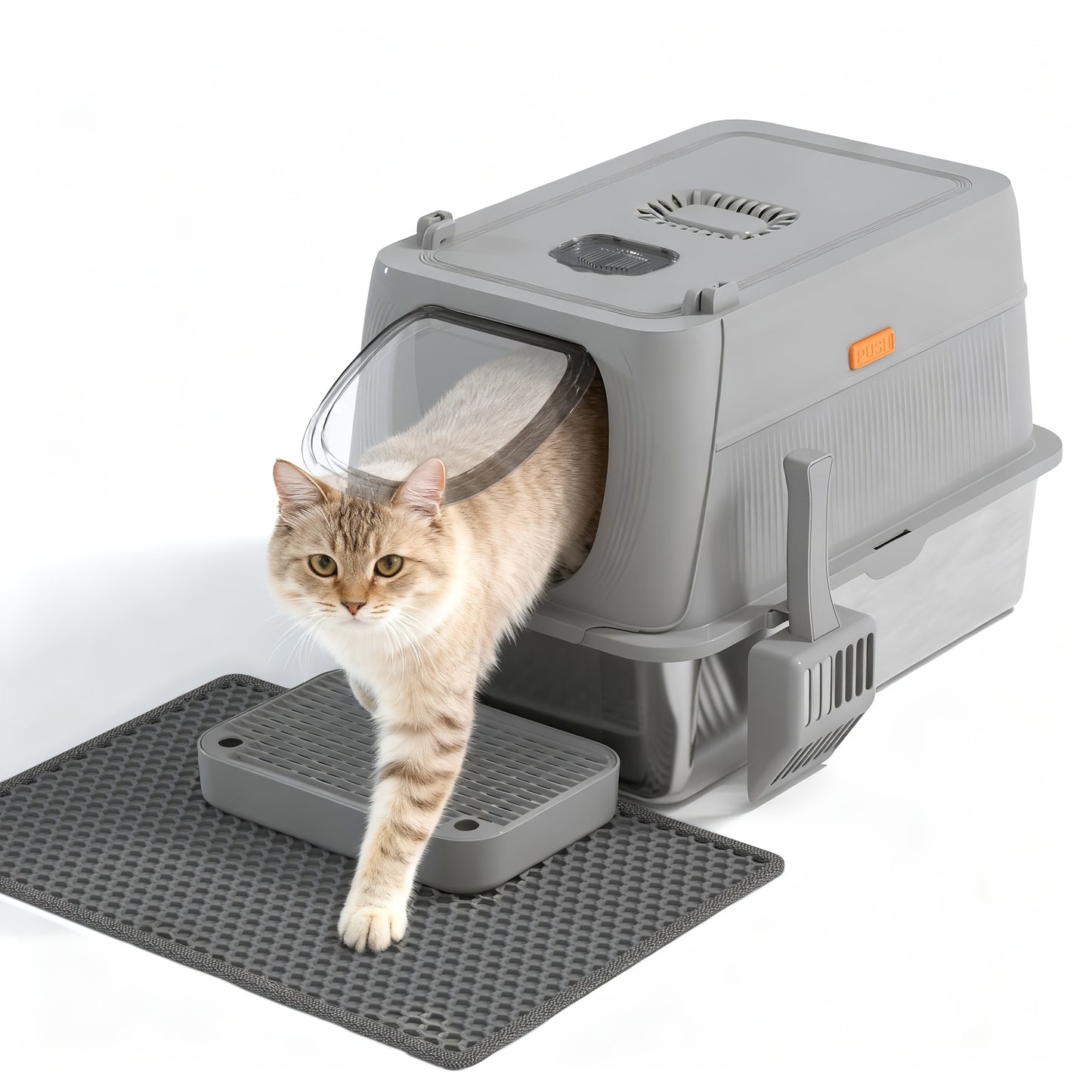 Stainless Steel Oversized Cat Litter Box, Fully Covered Foldable Cat Toilet, Anti-Splash Odor Control with Front Door