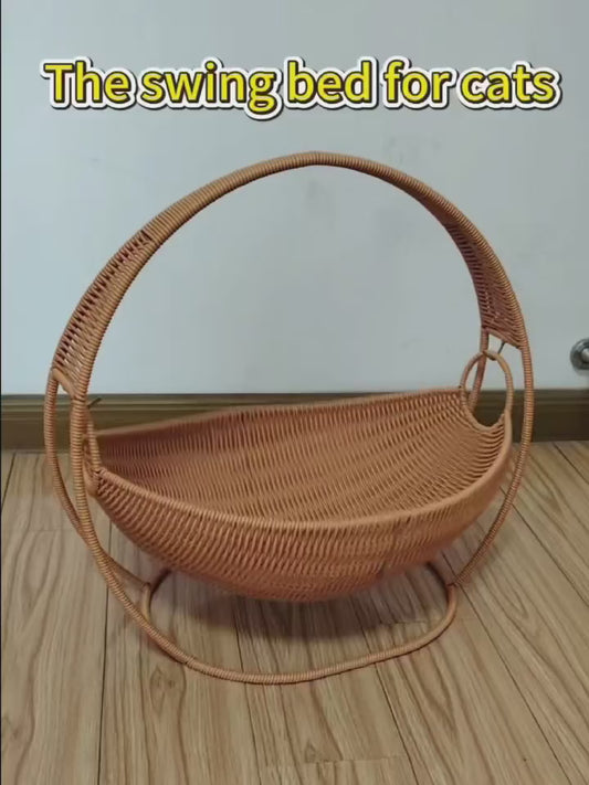 Handwoven Cat Hammock with Stand, Large Knitted Comfortable Pet Bed, Easy Assemble Indoor Swing Basket for Small Dogs Cats